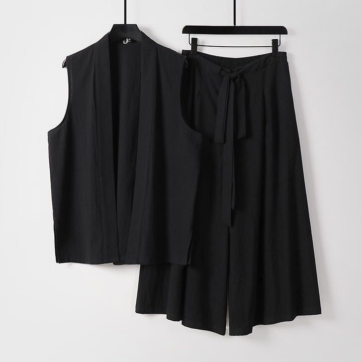 Damen Ärmellose Kimono-Weste und Hochtaillierte Culotte-Hose mit Bindegürtel Echoarchiv