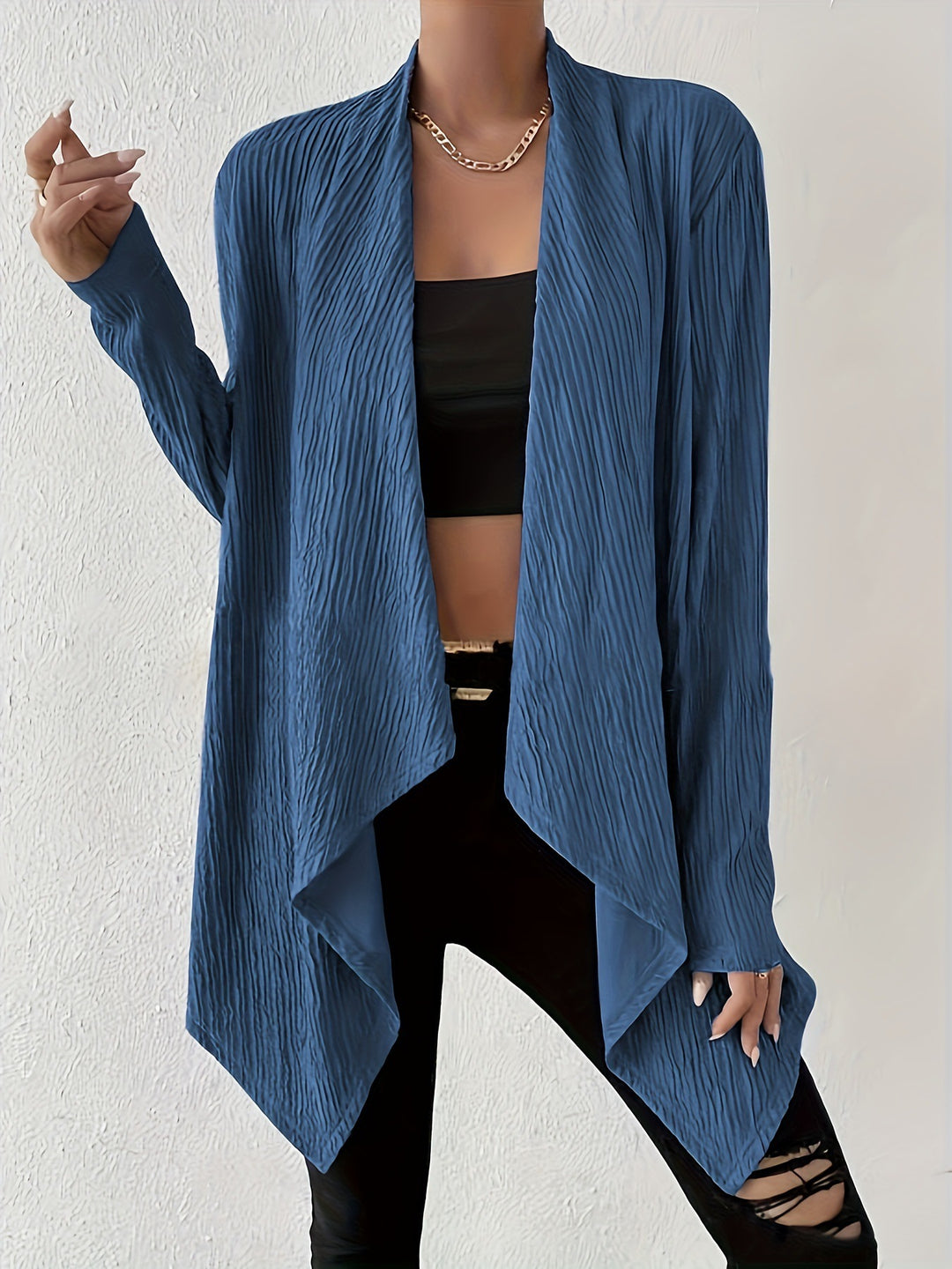 Damen Offener Crinkle-Cardigan mit Wasserfall-Saum und Longline-Silhouette – Veloura