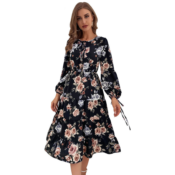 Damen Blumiges Stufen-Midikleid mit Taillenschnürung und Ballonärmeln – Élara