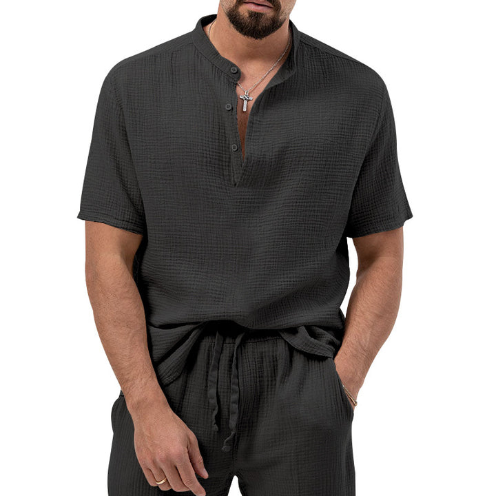Herren lässiges Kurzarm-Henley-Shirt mit strukturierter Oberfläche Echoarchiv