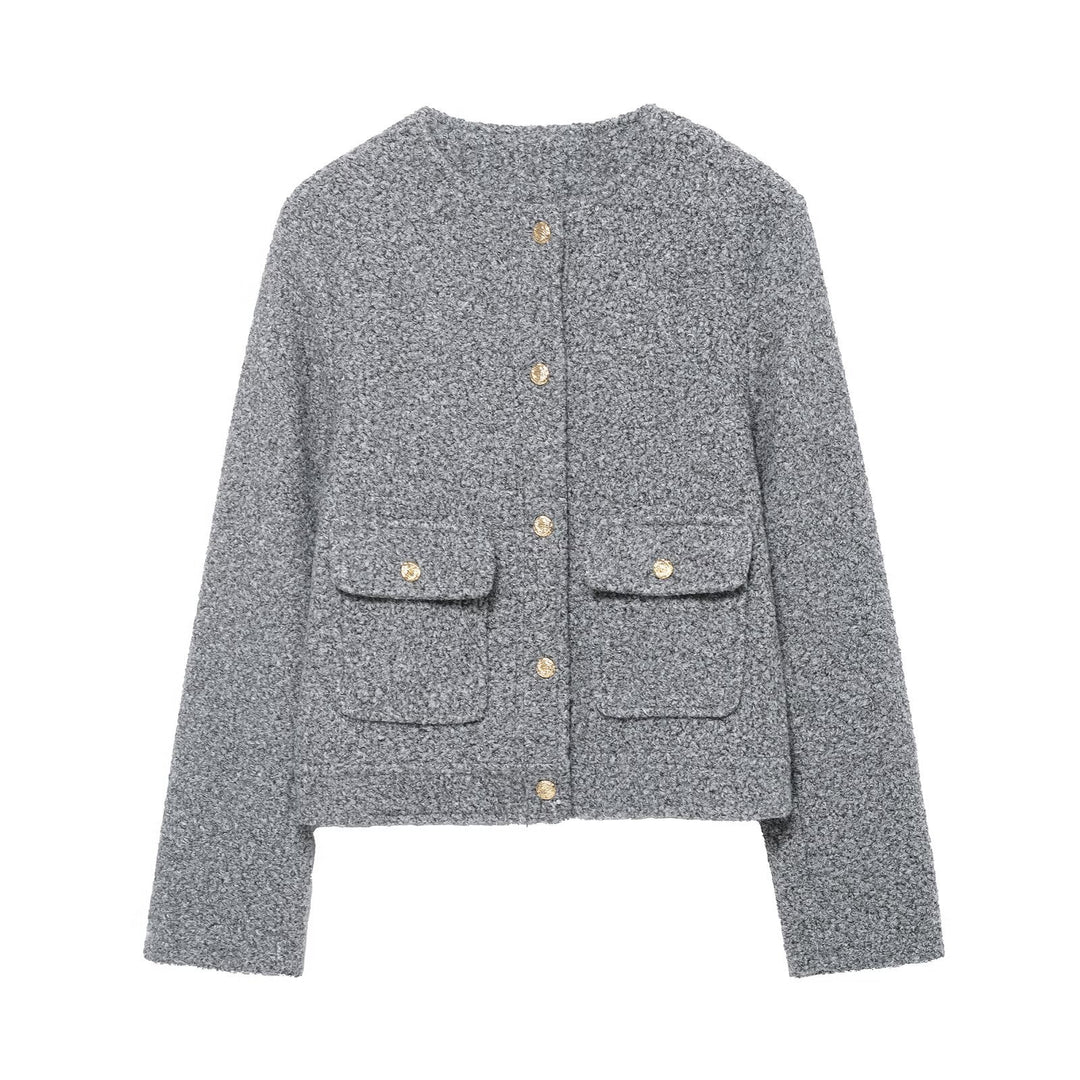 Damen Bouclé Cropped Jacke mit Goldknöpfen und aufgesetzten Pattentaschen Echoarchiv