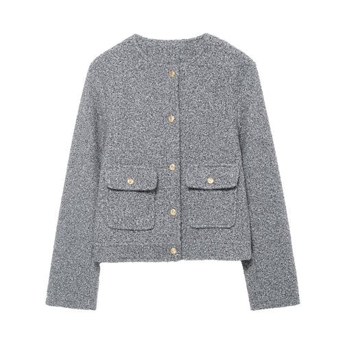 Damen Bouclé Cropped Jacke mit Goldknöpfen und aufgesetzten Pattentaschen Echoarchiv