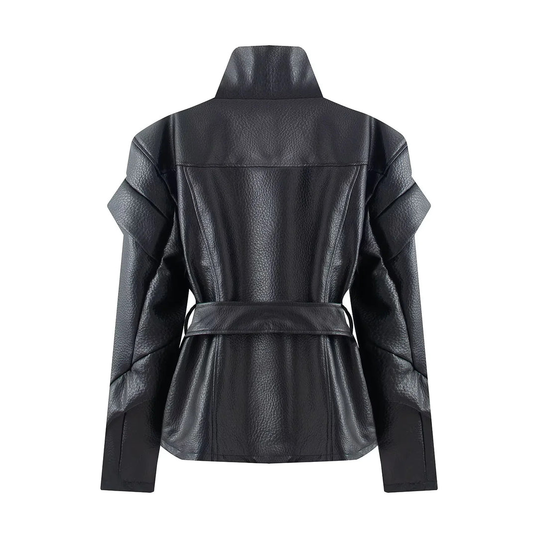 Damen nan taillierte Kunstlederjacke mit asymmetrischem Reißverschluss, hohem Stehkragen und Bindegürtel Echo Archiv