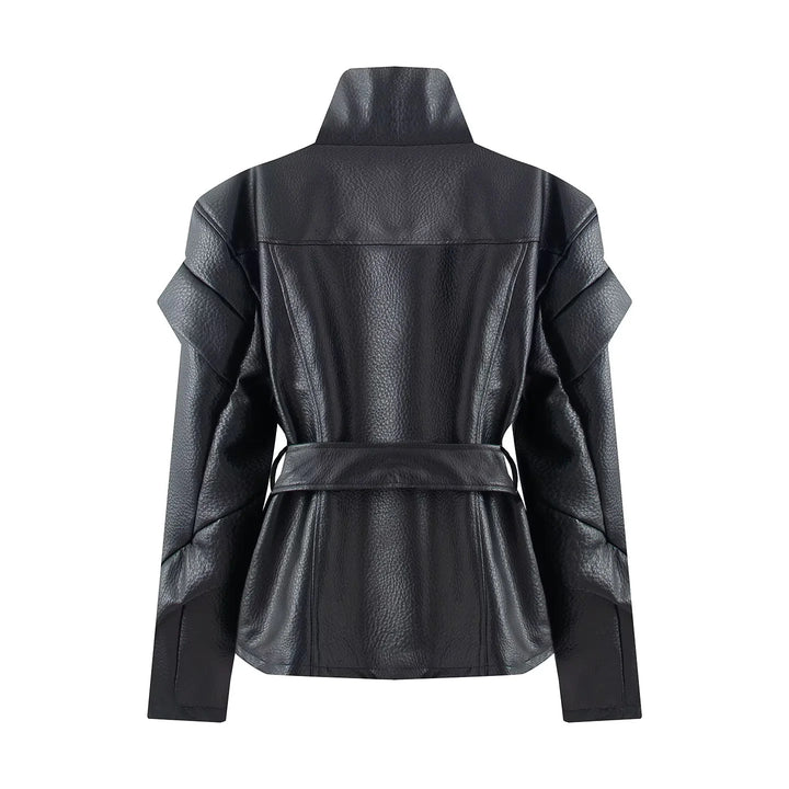 Damen nan taillierte Kunstlederjacke mit asymmetrischem Reißverschluss, hohem Stehkragen und Bindegürtel Echo Archiv