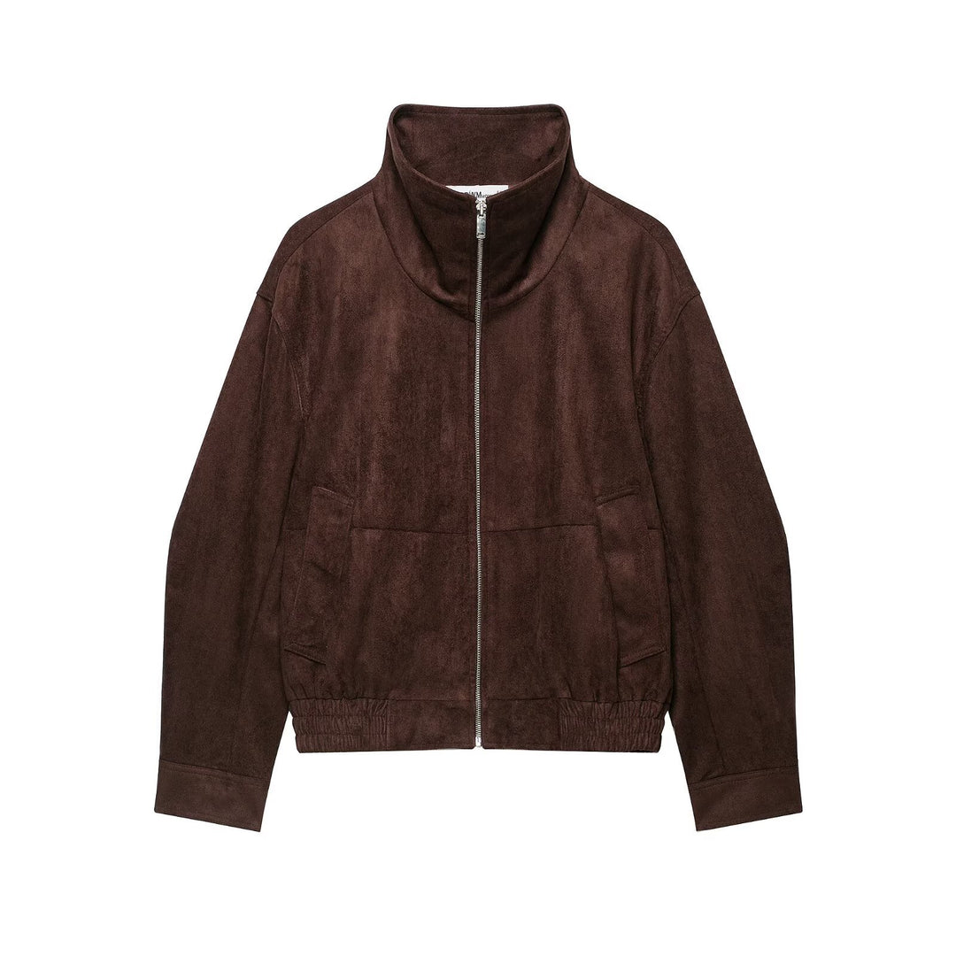 Damen Velourslederoptik Bomberjacke mit Funnelkragen und elastischem Saum Echoarchiv