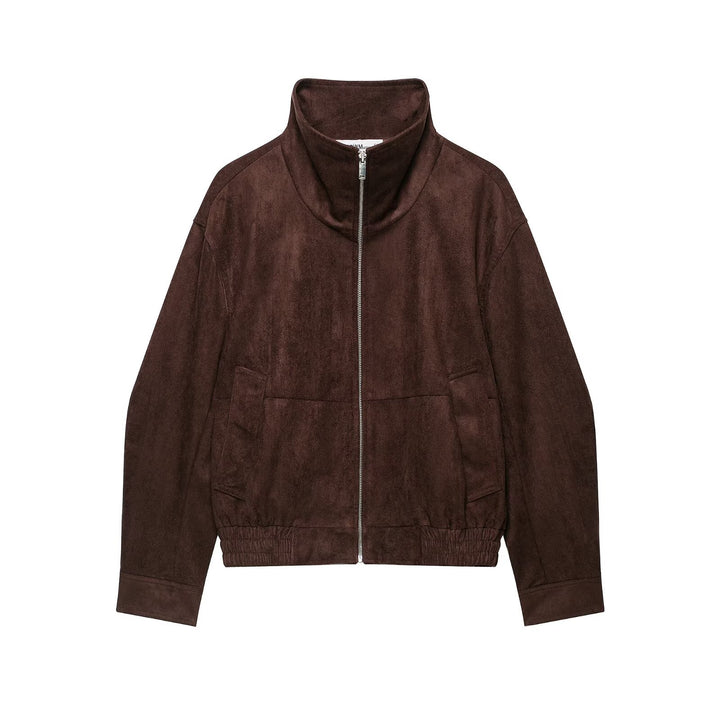 Damen Velourslederoptik Bomberjacke mit Funnelkragen und elastischem Saum Echoarchiv