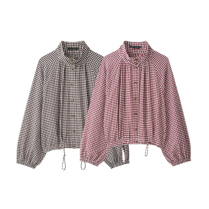 Damen 10+ kariertes Cropped‑Blusenjacke mit Stehkragen, Tunnelzugsaum und Ballonärmeln Echo Archiv