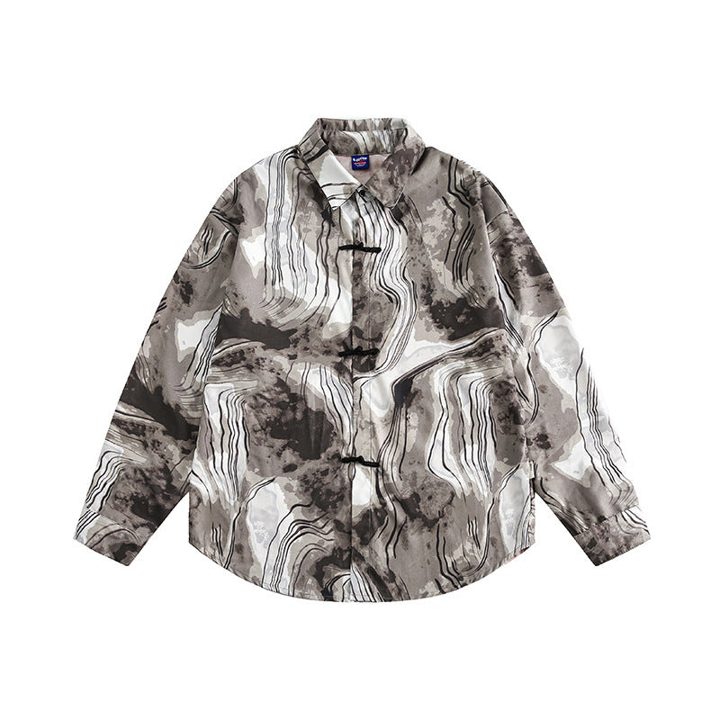 Unisex Boxy-Overshirt-Jacke mit Marmorprint und traditioneller Knebelverschluss-Optik Echo Archiv