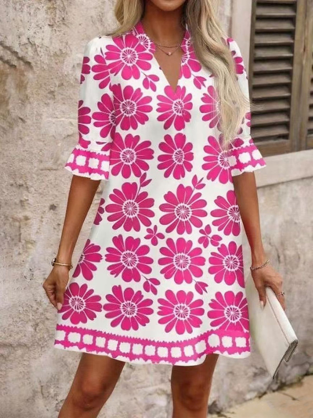 Damen Leichtes Sommer Tunika Kleid mit V Ausschnitt und Volantärmeln Echoarchiv
