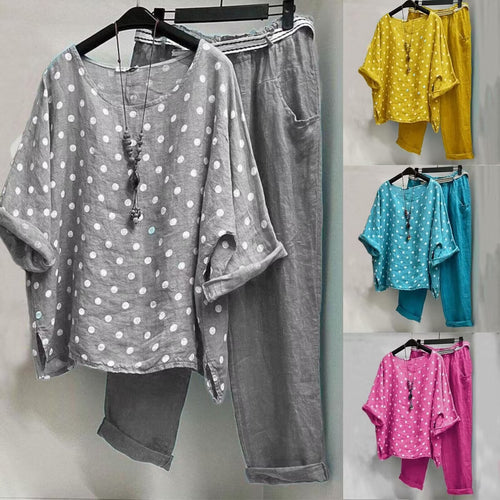 Damen nan Leinen-Loungewear-Set mit gepunkteter Oversize-Tunika und elastischer Bundhose Echo Archiv