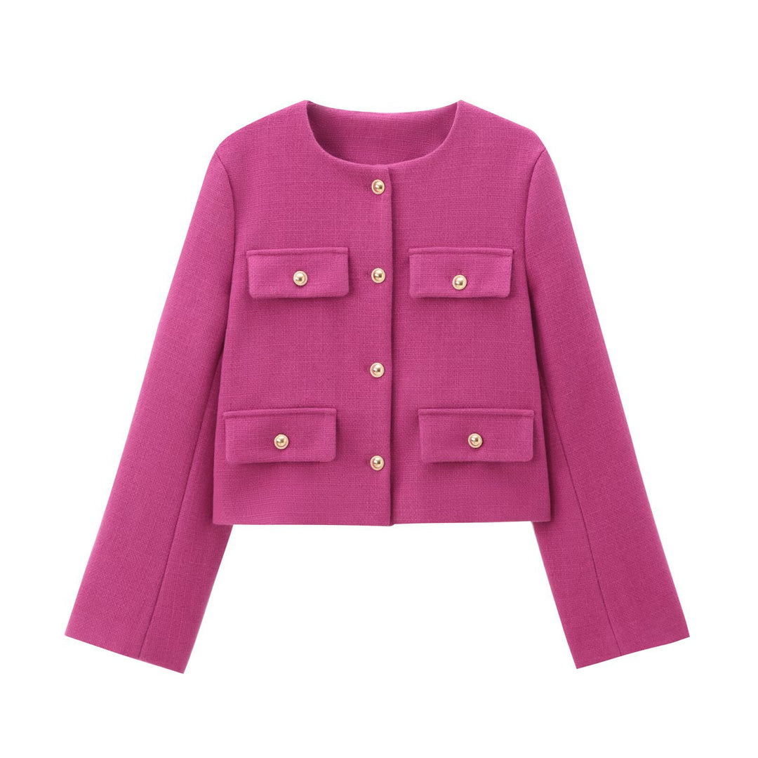 Damen kurz geschnittene Bouclé-Tweedjacke mit Rundhalsausschnitt Zierknopfdetails und aufgesetzten Pattentaschen – Célinea