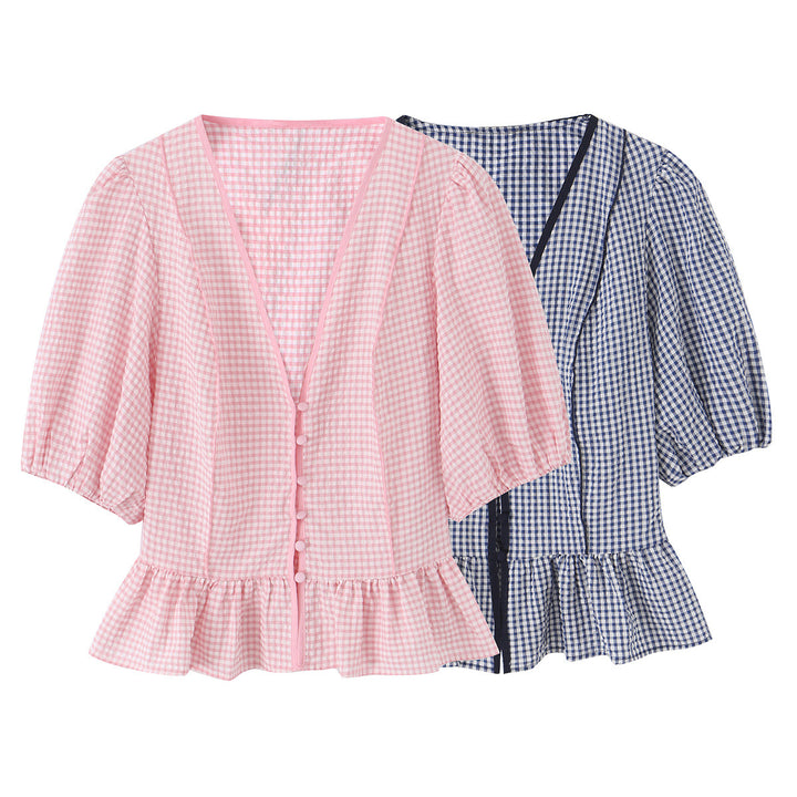 Damen Vichy-Karo Bluse mit tiefem V-Ausschnitt, Puffärmeln und Schößchen Echo Archiv