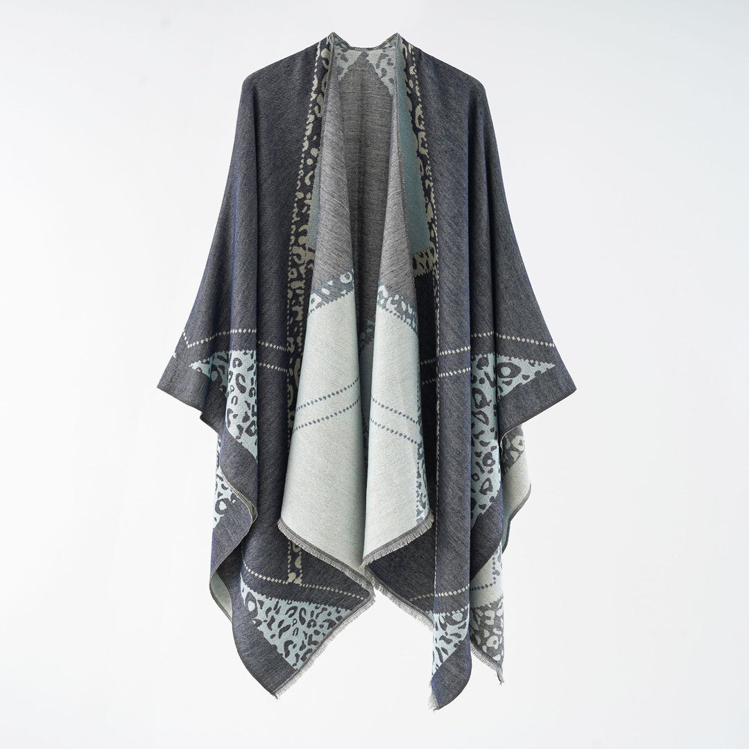 Damen Oversize Cape-Überwurf mit jacquardgewebten Patchmotiven und Fransensaum Echo Archiv