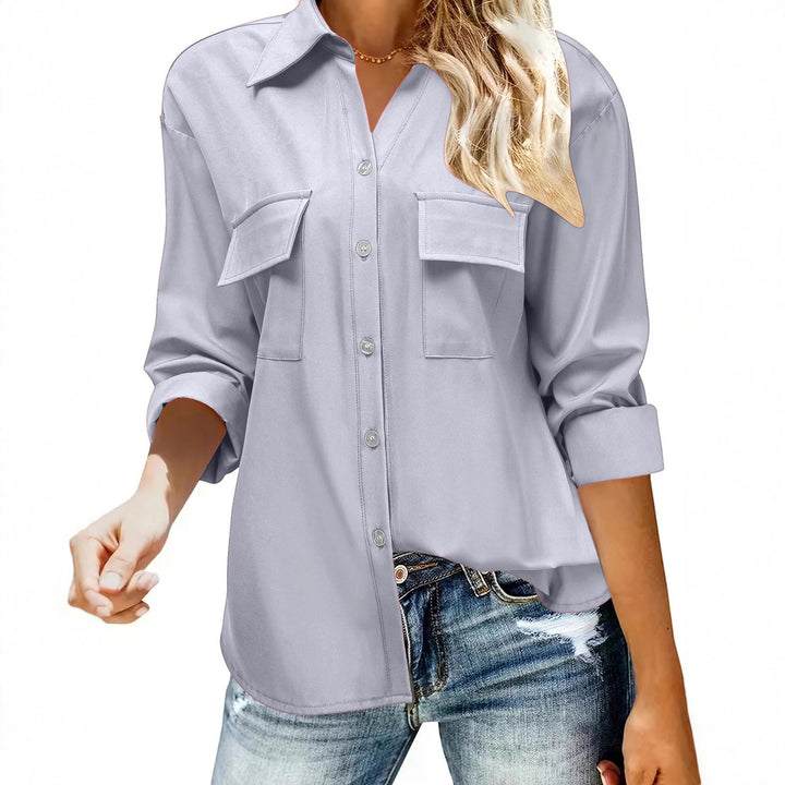 Damen Oversize-Hemdbluse mit Pattentaschen, durchgehender Knopfleiste und umgeschlagenen Ärmeln – Maréline