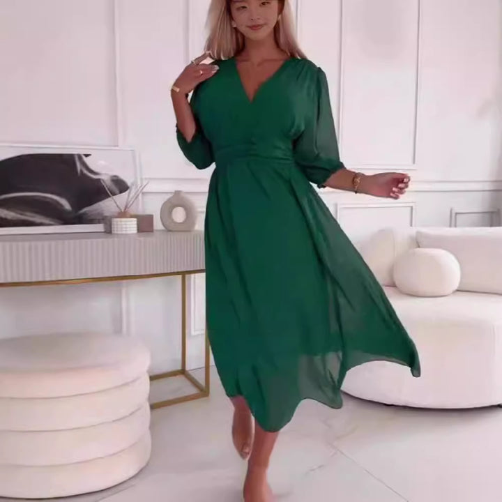 Damen Chiffon Maxi Kleid mit V-Ausschnitt, Rüschengesäß und 3/4 Ärmeln Echoarchiv