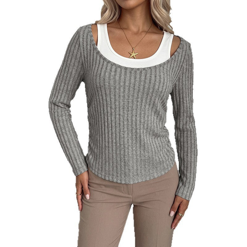 Damen Geripptes Langarmshirt mit weitem U-Boot-Ausschnitt und taillierter Silhouette Echoarchiv