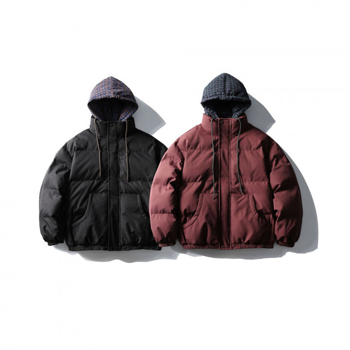 Unisex Wattierte Pufferjacke im kastigen Schnitt mit karierter Einsatzkapuze und hohem Stehkragen Echo Archiv