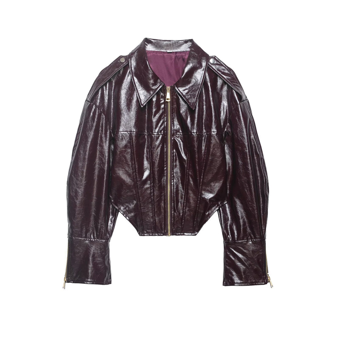 Damen kurzes glänzendes Biker-Blouson in Lederoptik mit betonter Schulterpartie Echoarchiv
