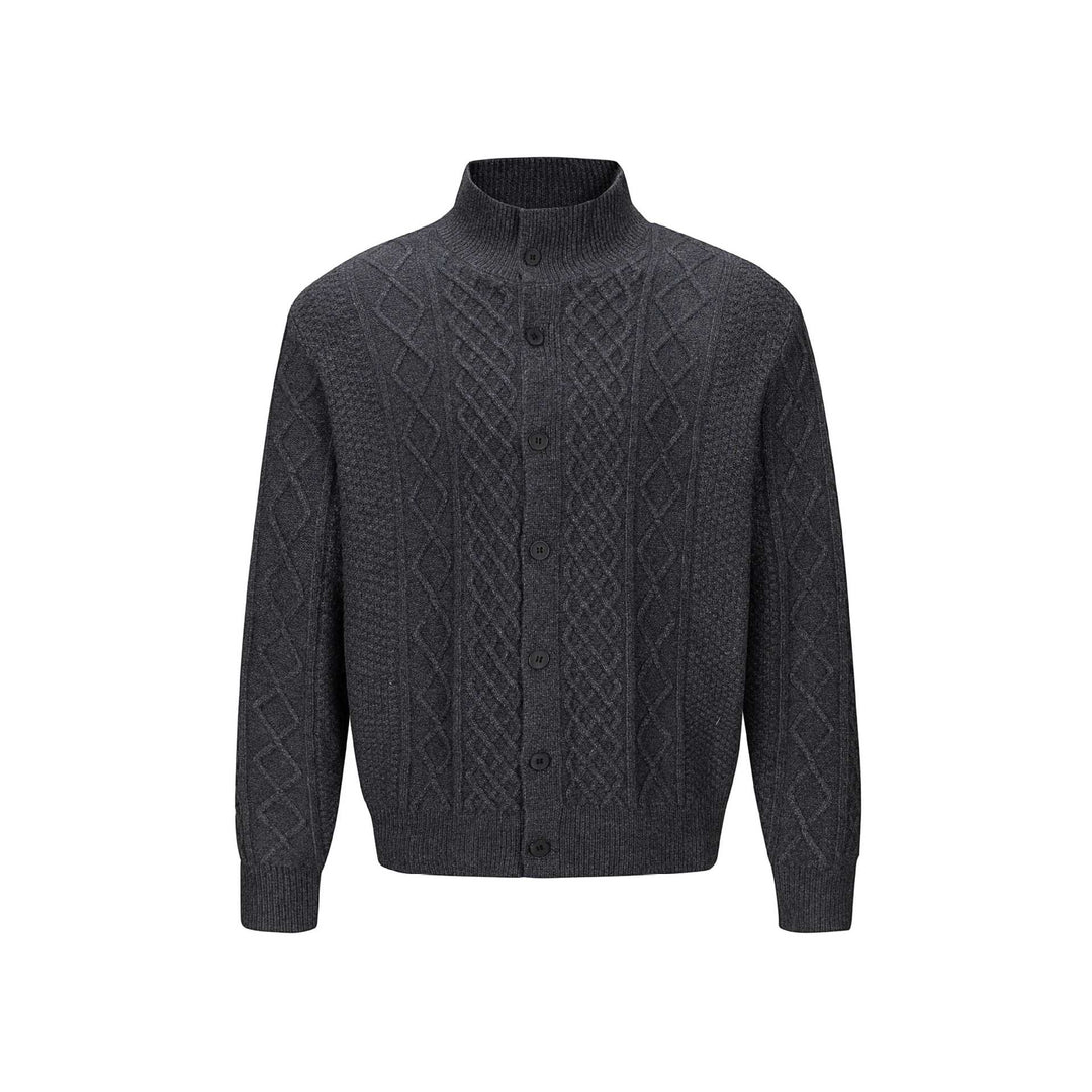 Herren Strickcardigan mit Zopfmuster, Stehkragen und knöpfbarer Front Echoarchiv