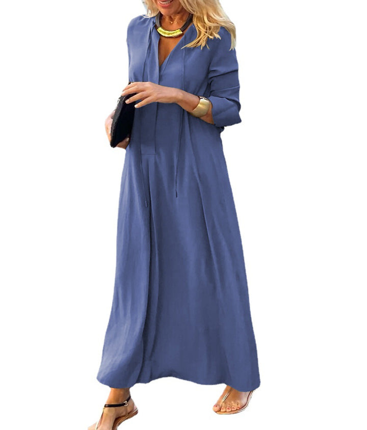 Damen Maxikleid mit V-Ausschnitt, Langärmelig, lockere A-Linien‑Silhouette und Kordelzug – Valéora