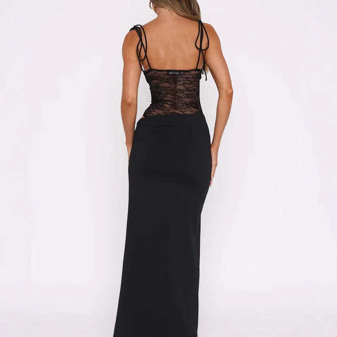 Damen nan elegantes Maxikleid mit transparentem Spitzenmieder Bandeau-Oberteil und Bindeträgern Echo Archiv