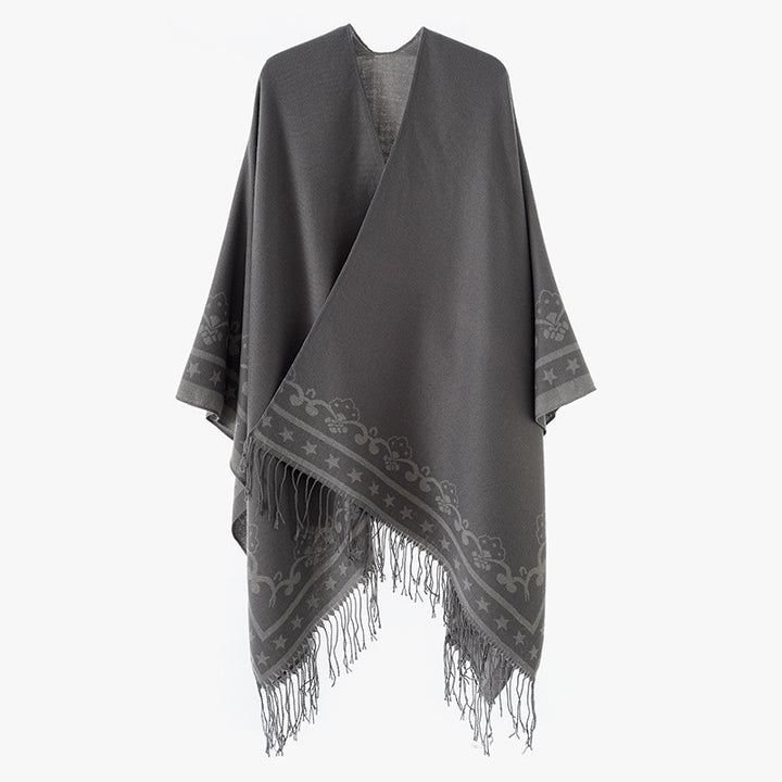 Damen Überwurfponcho aus Wollmix mit dezentem Jacquardbordüren‑Muster und Fransensaum – Montévia