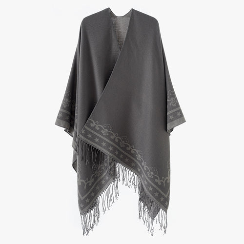 Damen Überwurfponcho aus Wollmix mit dezentem Jacquardbordüren‑Muster und Fransensaum – Montévia