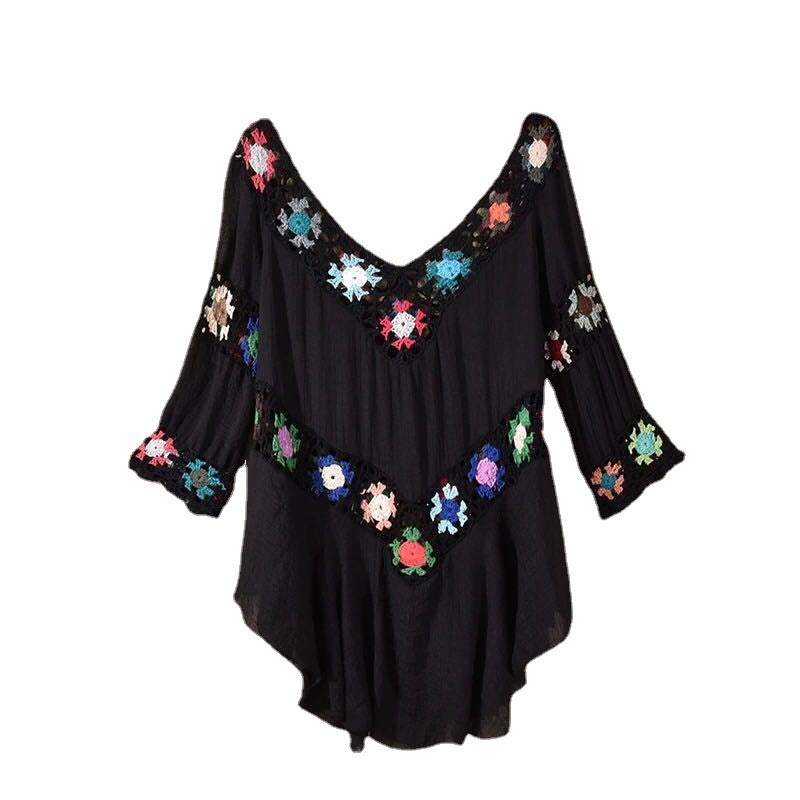 Damen Häkelbluse mit bunten Floral-Applikationen Echo Archiv
