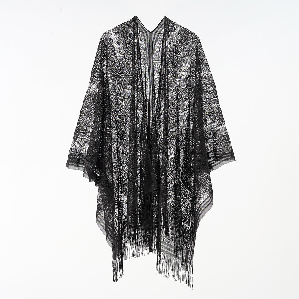 Damen Floraler Spitzen-Kaftan-Überwurf im Kimono-Stil mit langen Fransen Echo Archiv