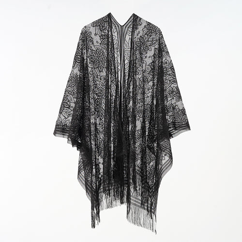 Damen Floraler Spitzen-Kaftan-Überwurf im Kimono-Stil mit langen Fransen Echo Archiv