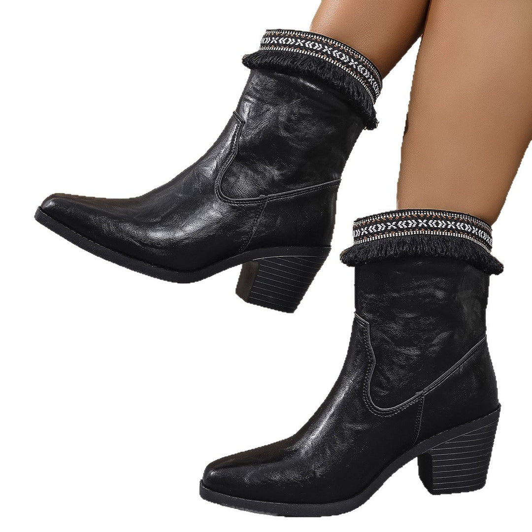 Damen Western-inspirierte Stiefelette mit besticktem Fransensaum und gestapeltem Blockabsatz – Varelle