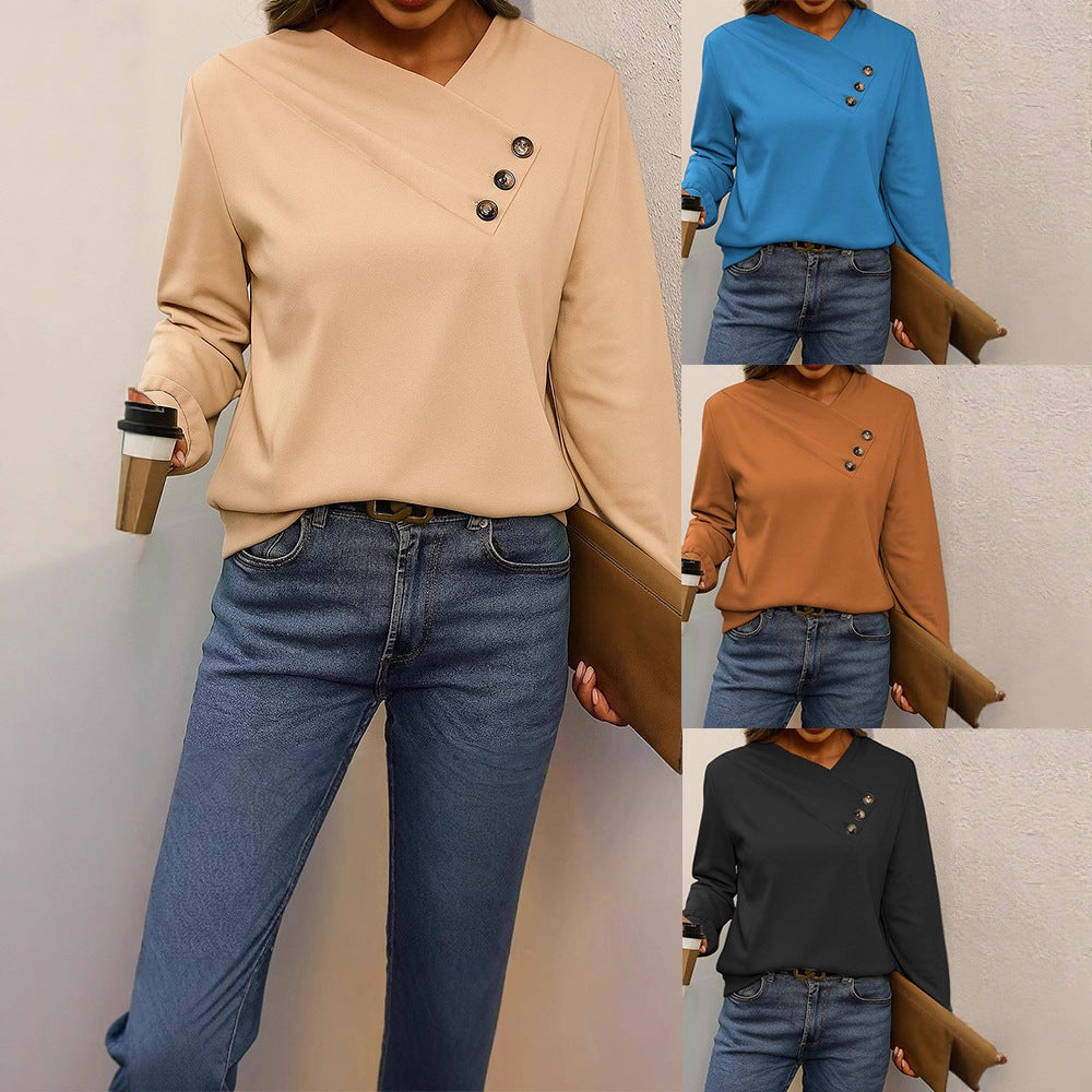 Damen Asymmetrische V-Ausschnitt Bluse mit Zierknopfleiste und Langarm – Élovi