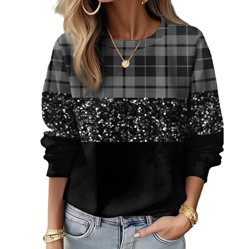 Damen Sweatshirt mit Karomuster, Pailletten-Band und lockerem Saum – Avérine
