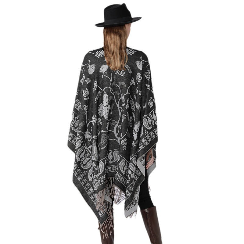 Damen Jacquard-Poncho im Oversize-Kaftan mit floraler und Vogelornamentik Echo Archiv