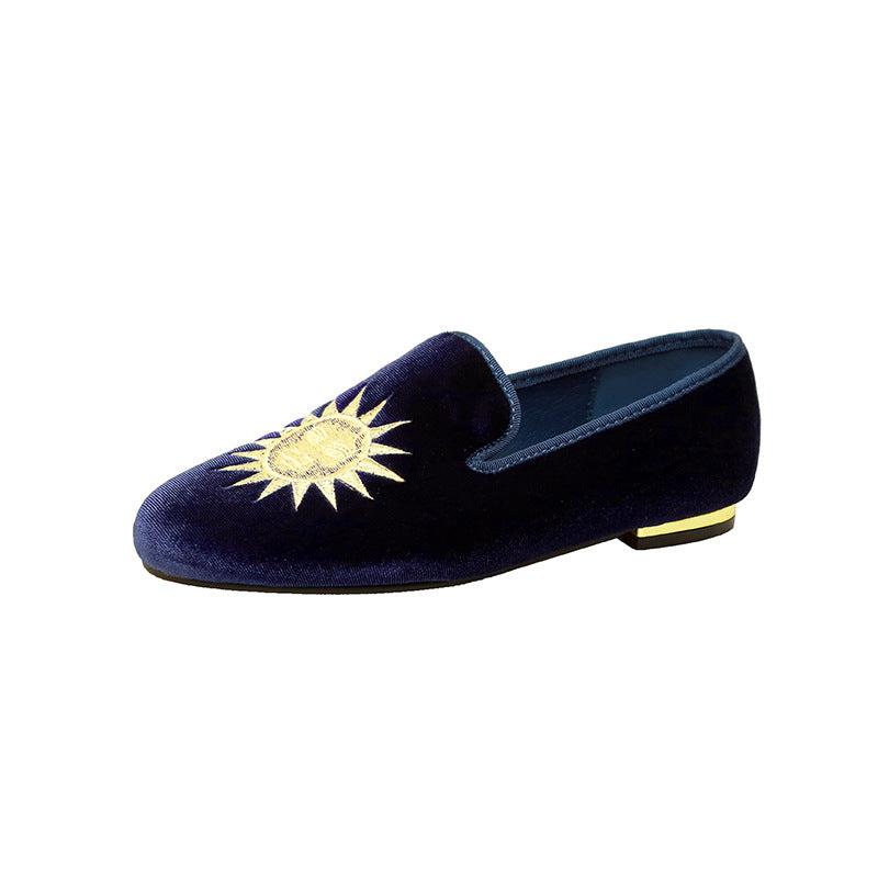 Damen Samt-Slipper mit Sonnenstickerei und goldener Absatzkappe Echo Archiv