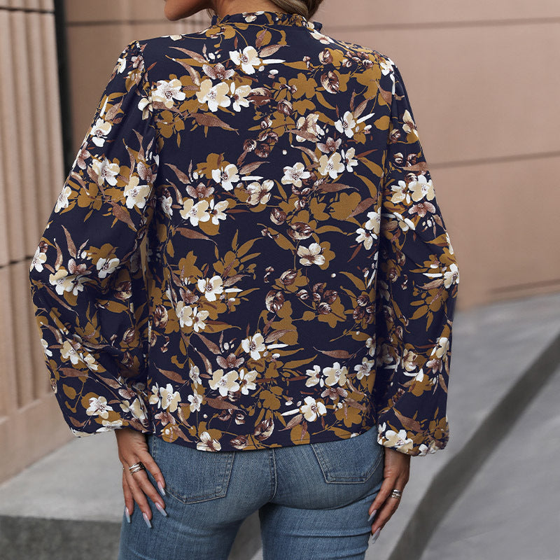 Damen Leichte Chiffonbluse mit floralem Alloverprint, V-Ausschnitt und voluminösen Bündelärmeln Echoarchiv
