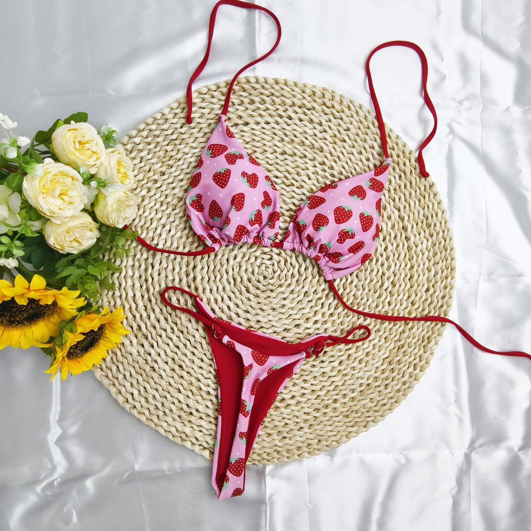 Damen Triangel-Bikini-Set mit fröhlichem Kirschmuster und verstellbaren Trägern Echo Archiv