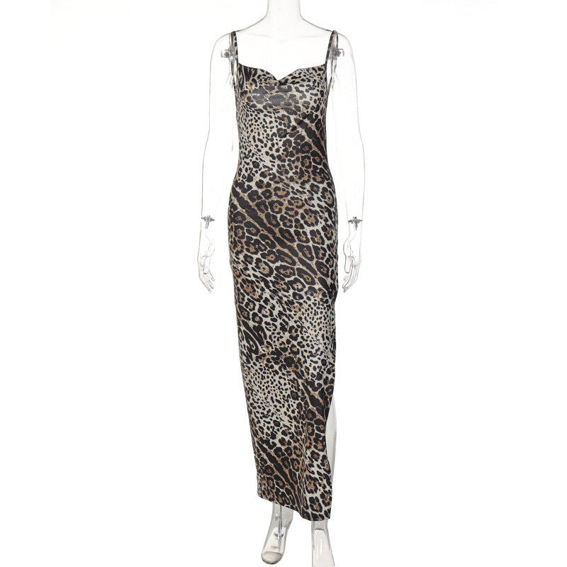 Damen Elegantes Maxikleid mit Leopardenmuster und sexy Schlitz Echo Archiv
