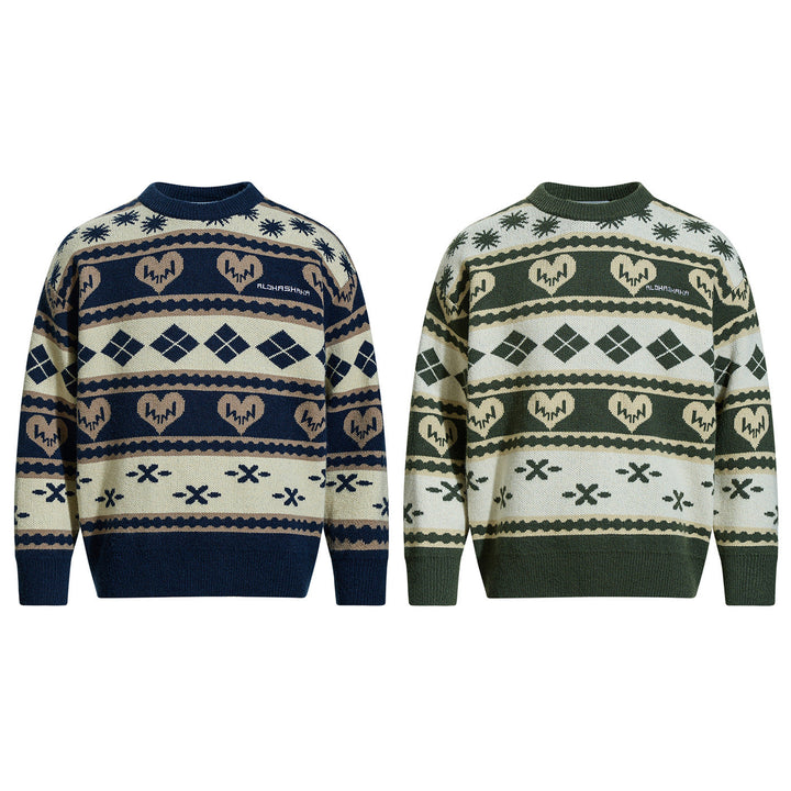 Herren Gemusterter Grobstrick-Pullover im Norwegerstil mit Rundhalsausschnitt Echoarchiv