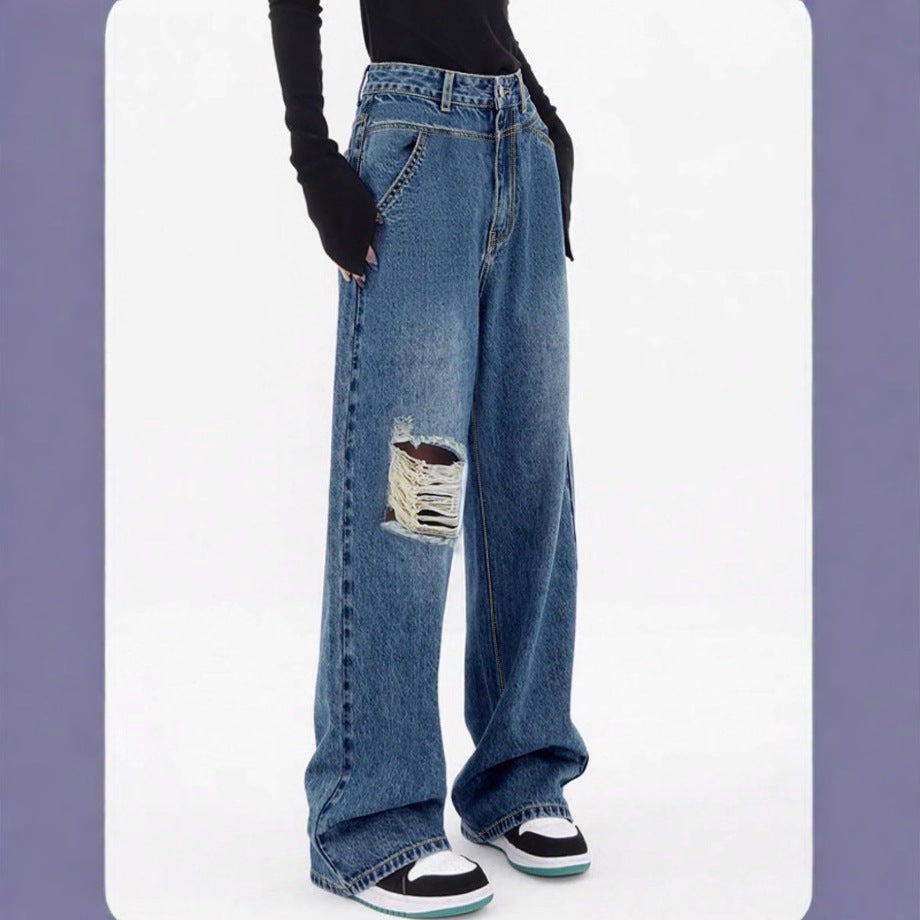 Damen hochtaillierte Oversized-Baggy-Jeans mit Knie-Rip und weitem Bein Echo Archiv