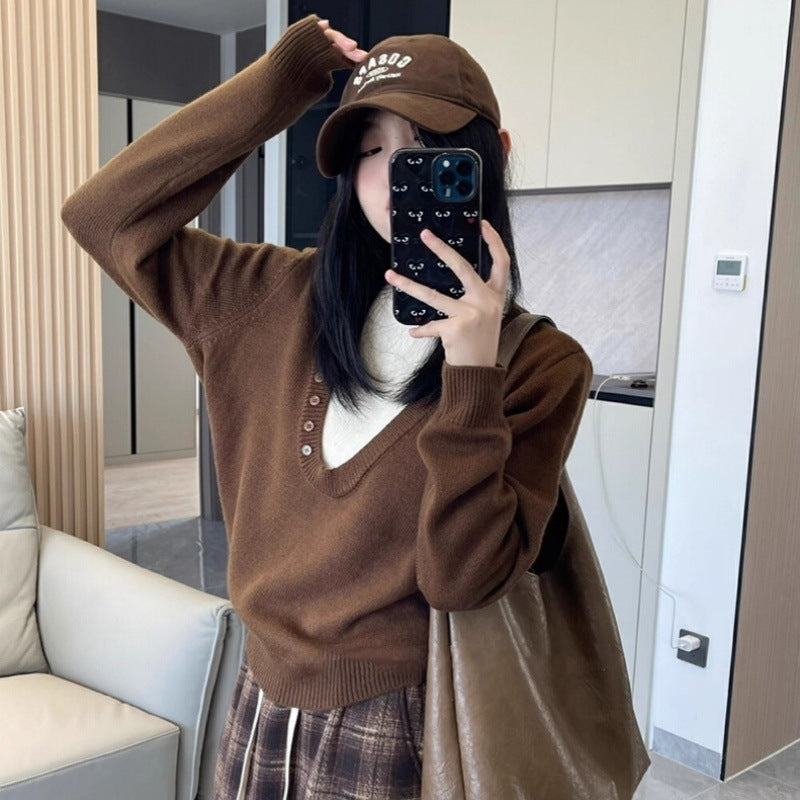 Damen Tiefer V‑Ausschnitt Feinstrickpullover mit Layering‑Effekt und leichter Taillierung Echoarchiv