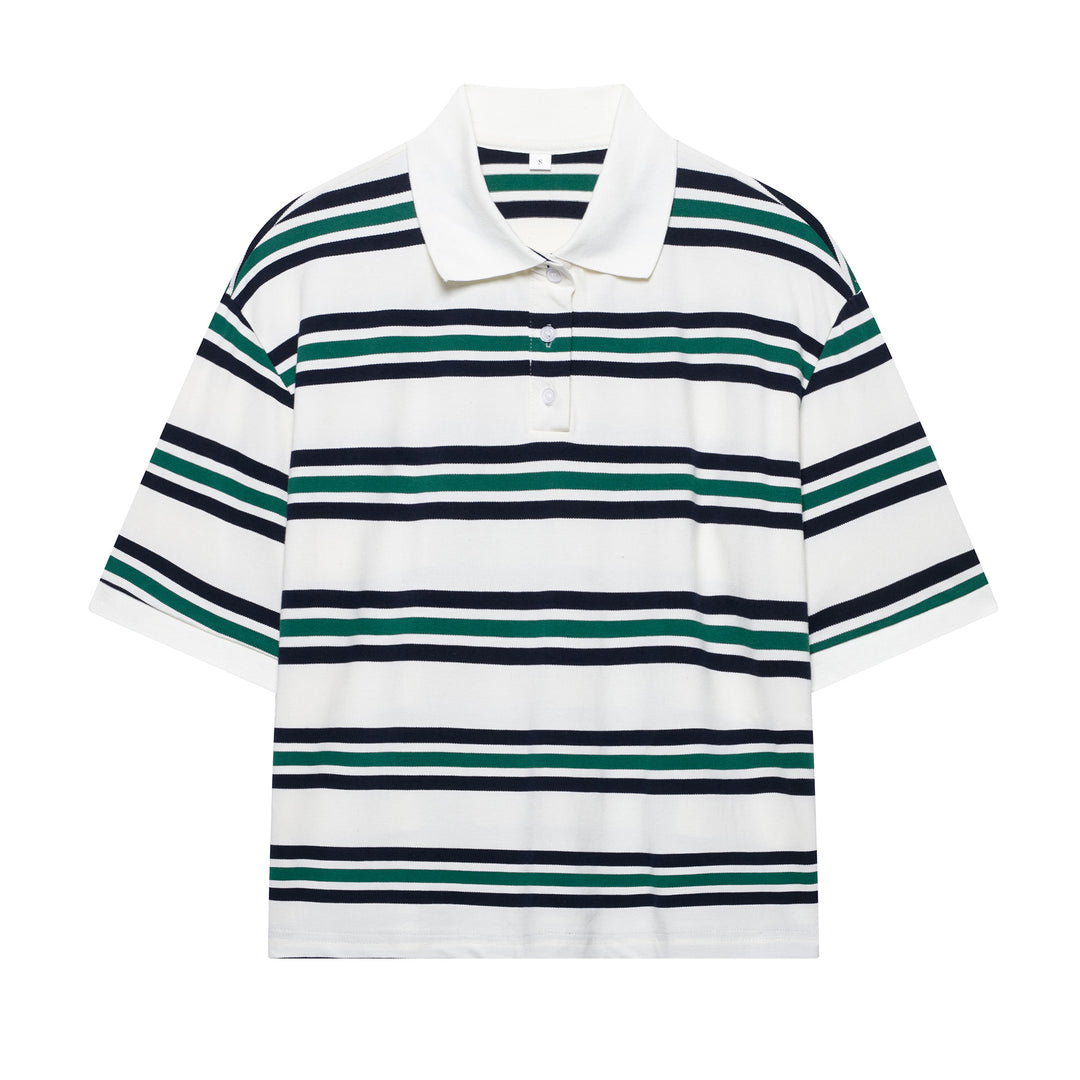 Damen Lässiges Langarm-Poloshirt mit Streifenmuster und Rippbündchen Echo Archiv