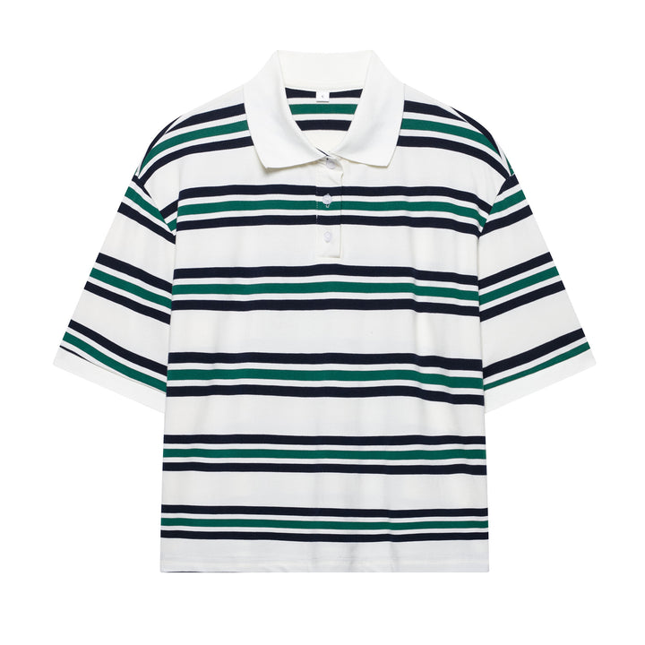 Damen Lässiges Langarm-Poloshirt mit Streifenmuster und Rippbündchen Echo Archiv