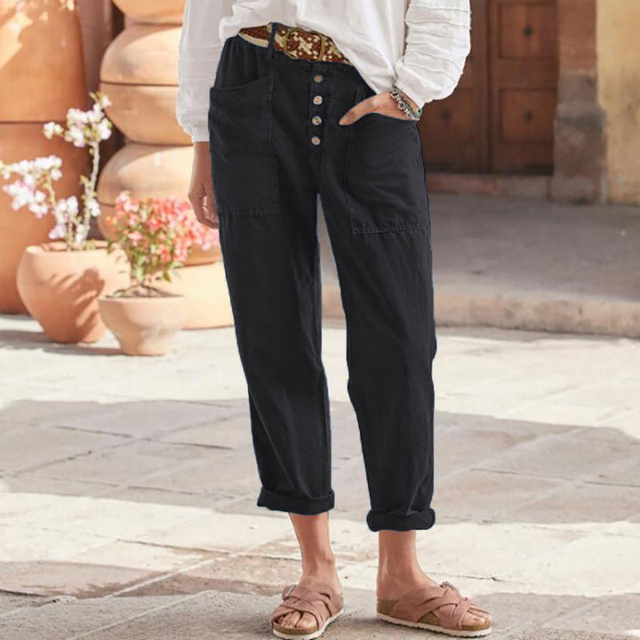 Damen nan Leinen-Baumwoll-Loungehose mit weitem Schnitt, hoher Bund und aufgesetzten Taschen Echo Archiv