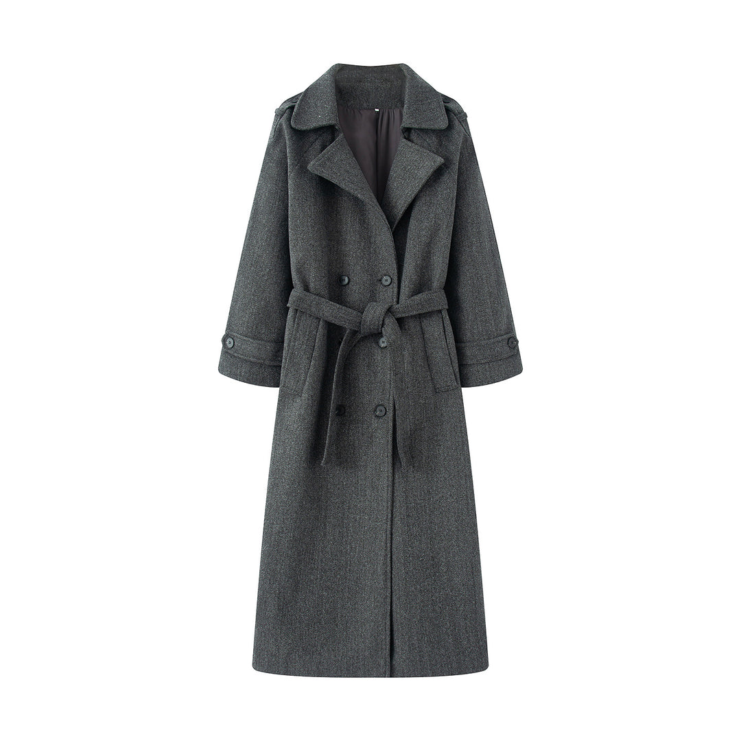 Damen langer Wollmix-Trenchcoat mit Schalkragen Taillengürtel und doppelreihiger Knopfleiste – Montévia
