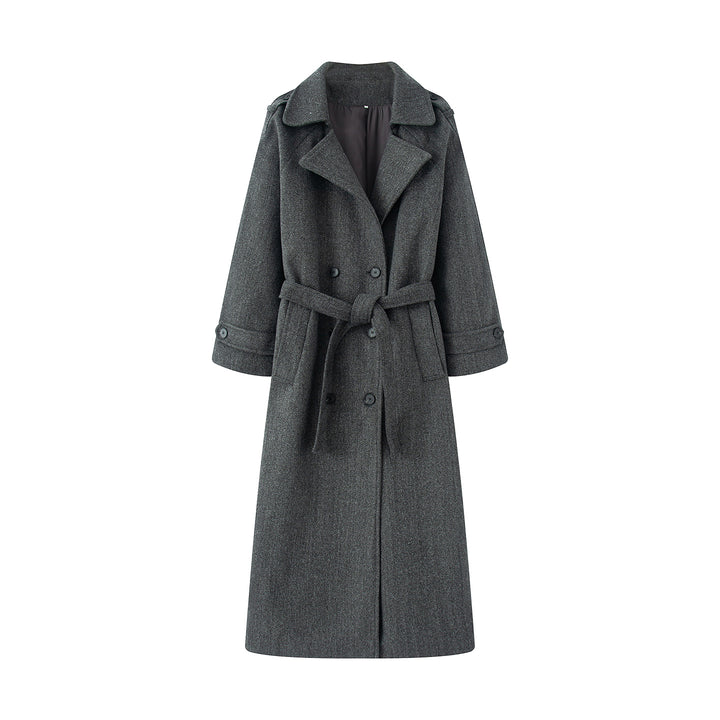 Damen langer Wollmix-Trenchcoat mit Schalkragen Taillengürtel und doppelreihiger Knopfleiste – Montévia