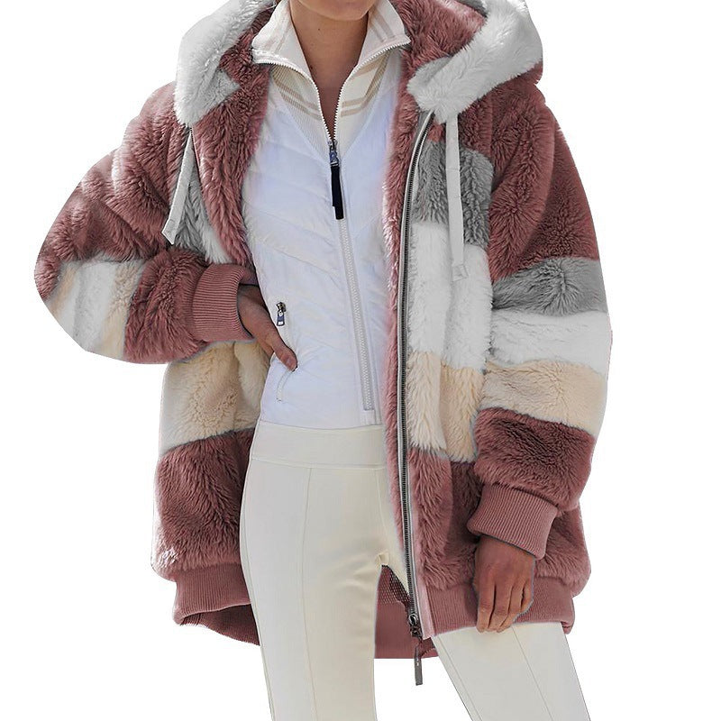 Damen nan oversized Kunstfell-Patchwork Kapuzenjacke mit Rippbündchen und Zweiwege-Reißverschluss Echo Archiv
