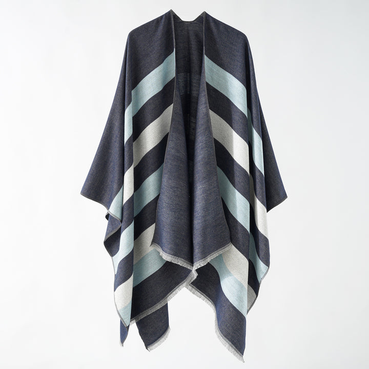 Damen Feiner Wollmix‑Capeüberwurf mit diagonaler Streifenstruktur und Fransensaum Echo Archiv