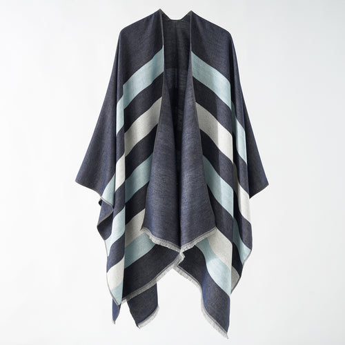 Damen Feiner Wollmix‑Capeüberwurf mit diagonaler Streifenstruktur und Fransensaum Echo Archiv
