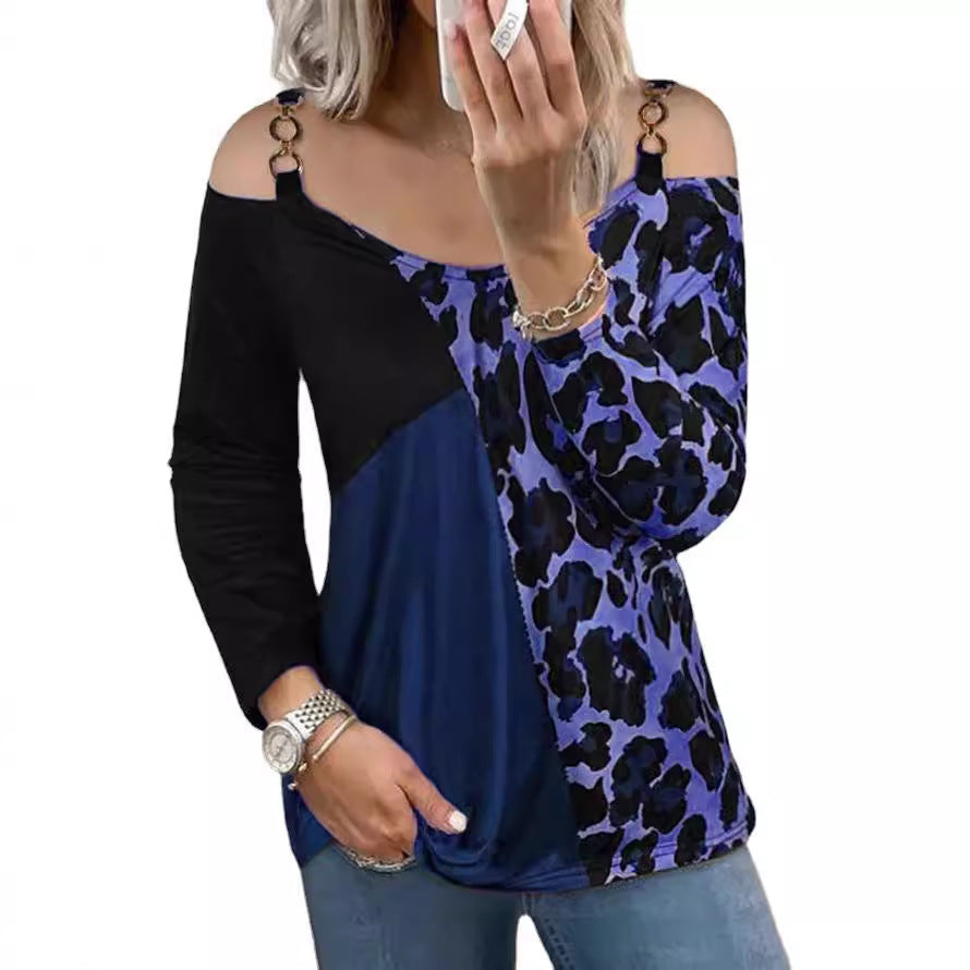 Frauen Off-Shoulder Patchwork Langarm mit Leopardenmuster und Ringdetail-TrägerEchoarchiv
